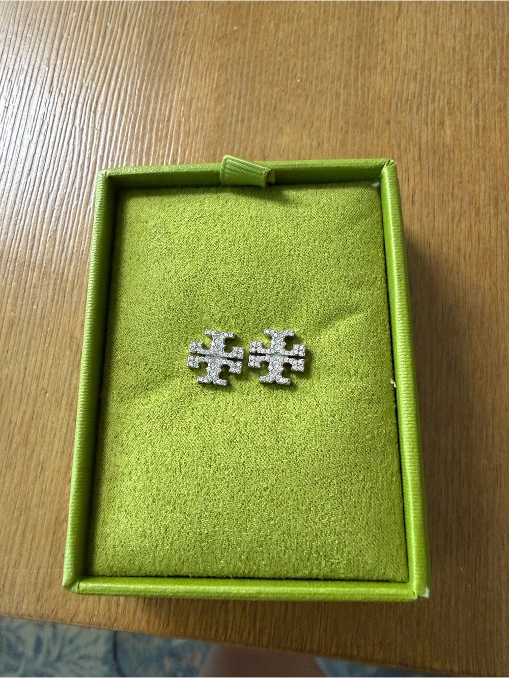 Tory Burch Icon Pave Stud Earrings Silver/Crystal logo luxe statement classic - Picture 2 of 5